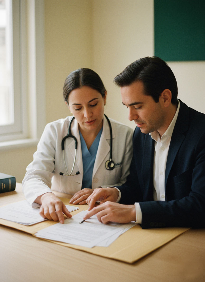 Un abogado y una doctora chilenos revisando una ficha clínica juntos